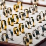 A luxurious display of gold and silver rings, perfect for showcasing jewelry collections.